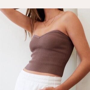 Aritzia Ribbed Strapless Crop Top in Mauve Brown